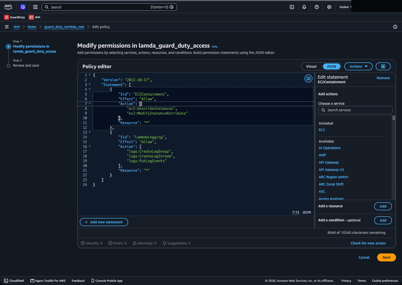 Inline IAM policy JSON for the Lambda role