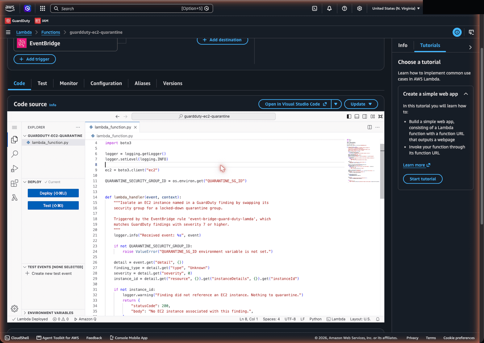 Deployed Python remediation logic in the Lambda console
