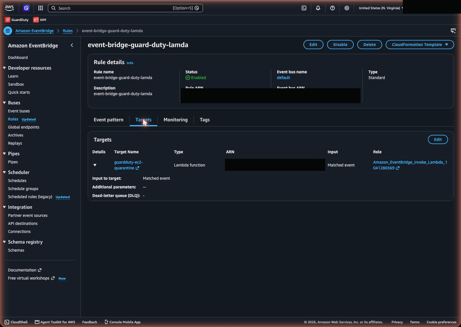 EventBridge rule Targets tab