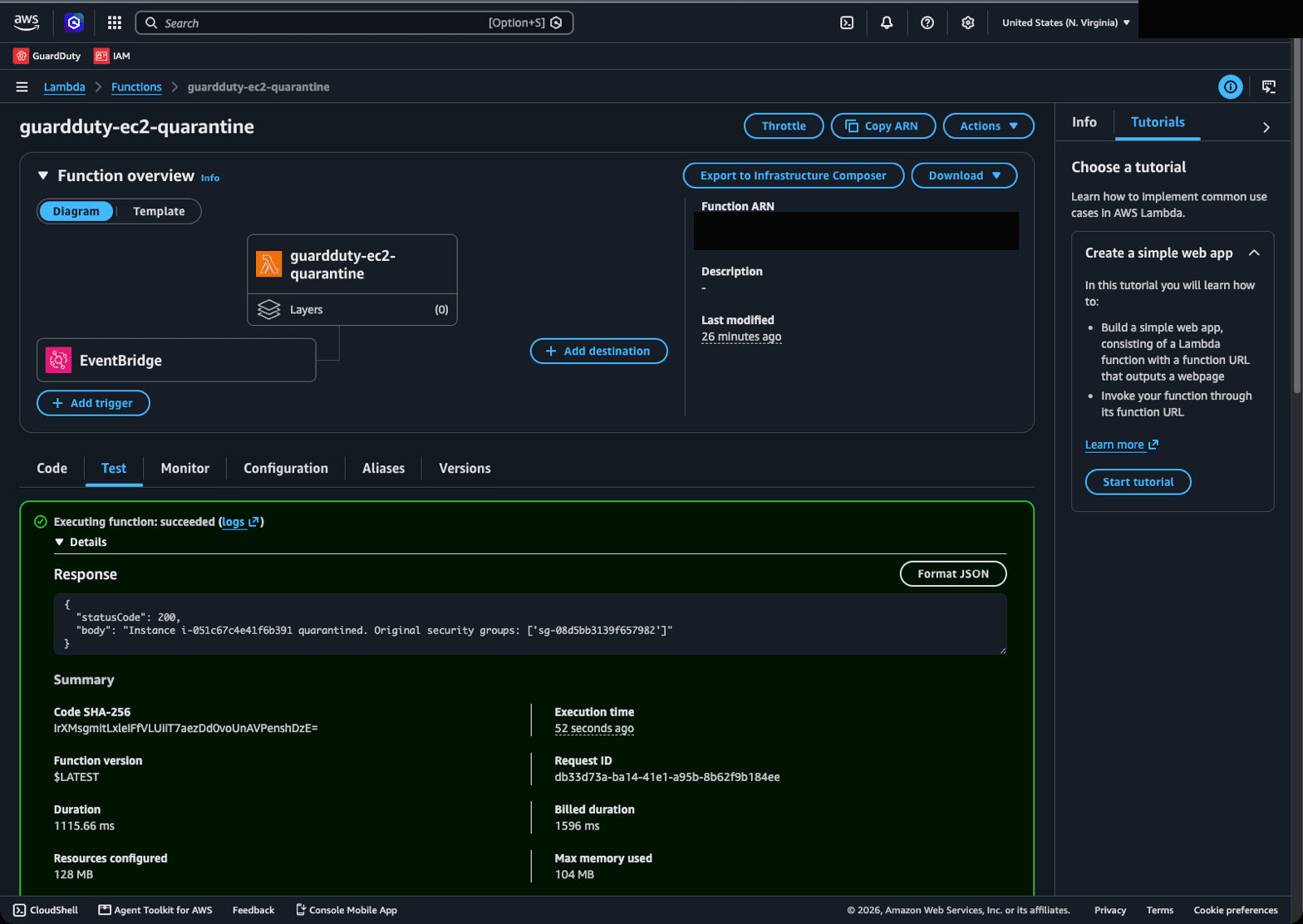 Successful Lambda test invocation and response