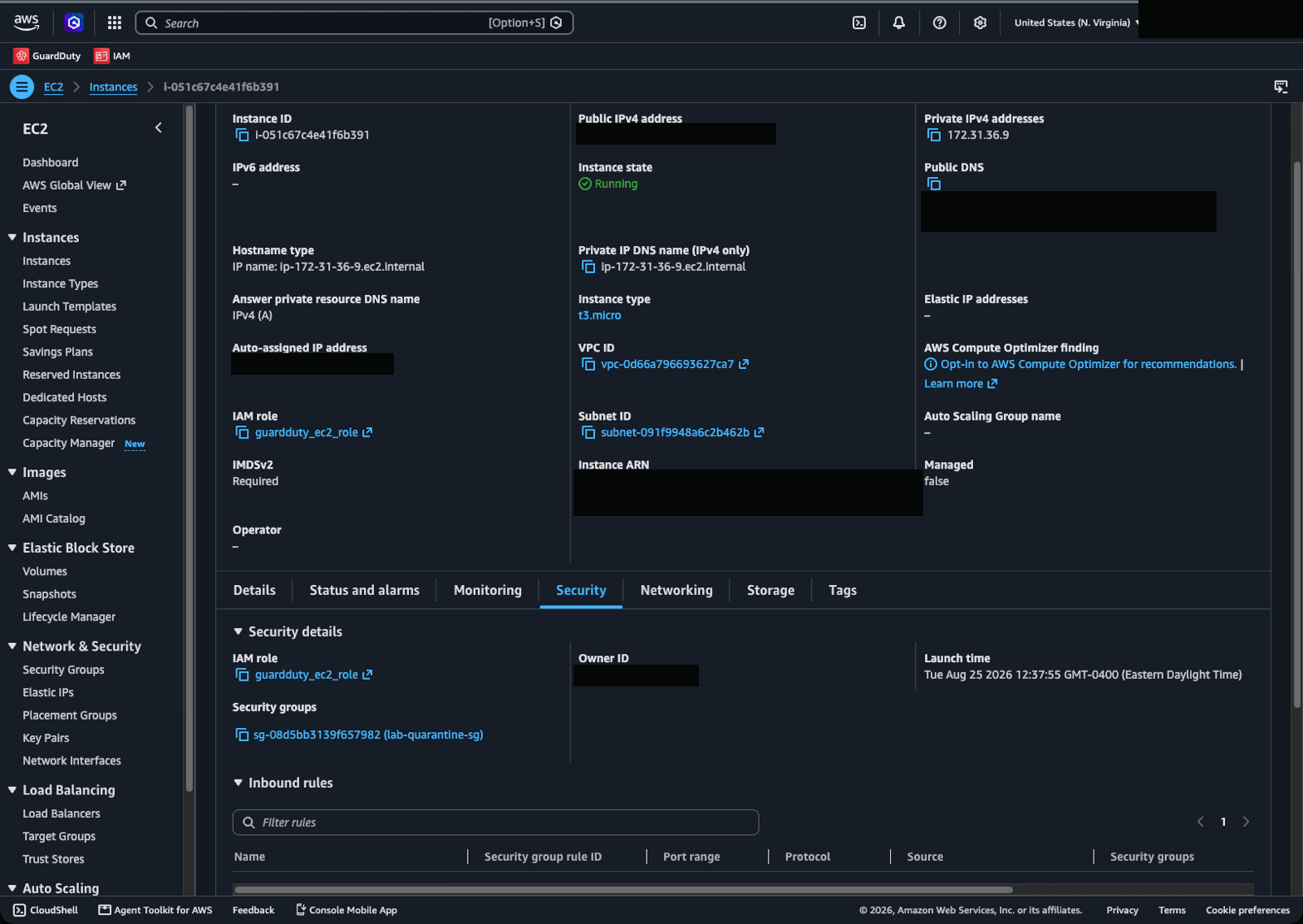 EC2 instance Security tab showing quarantine SG attached