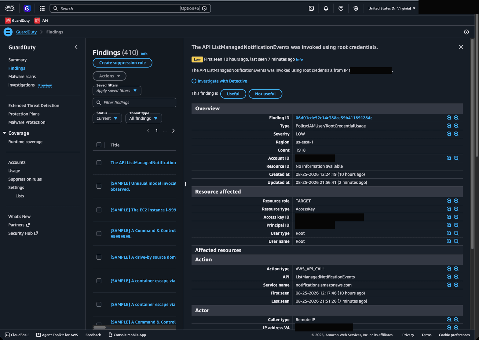 Real GuardDuty finding: root credentials invoking ListManagedNotificationEvents