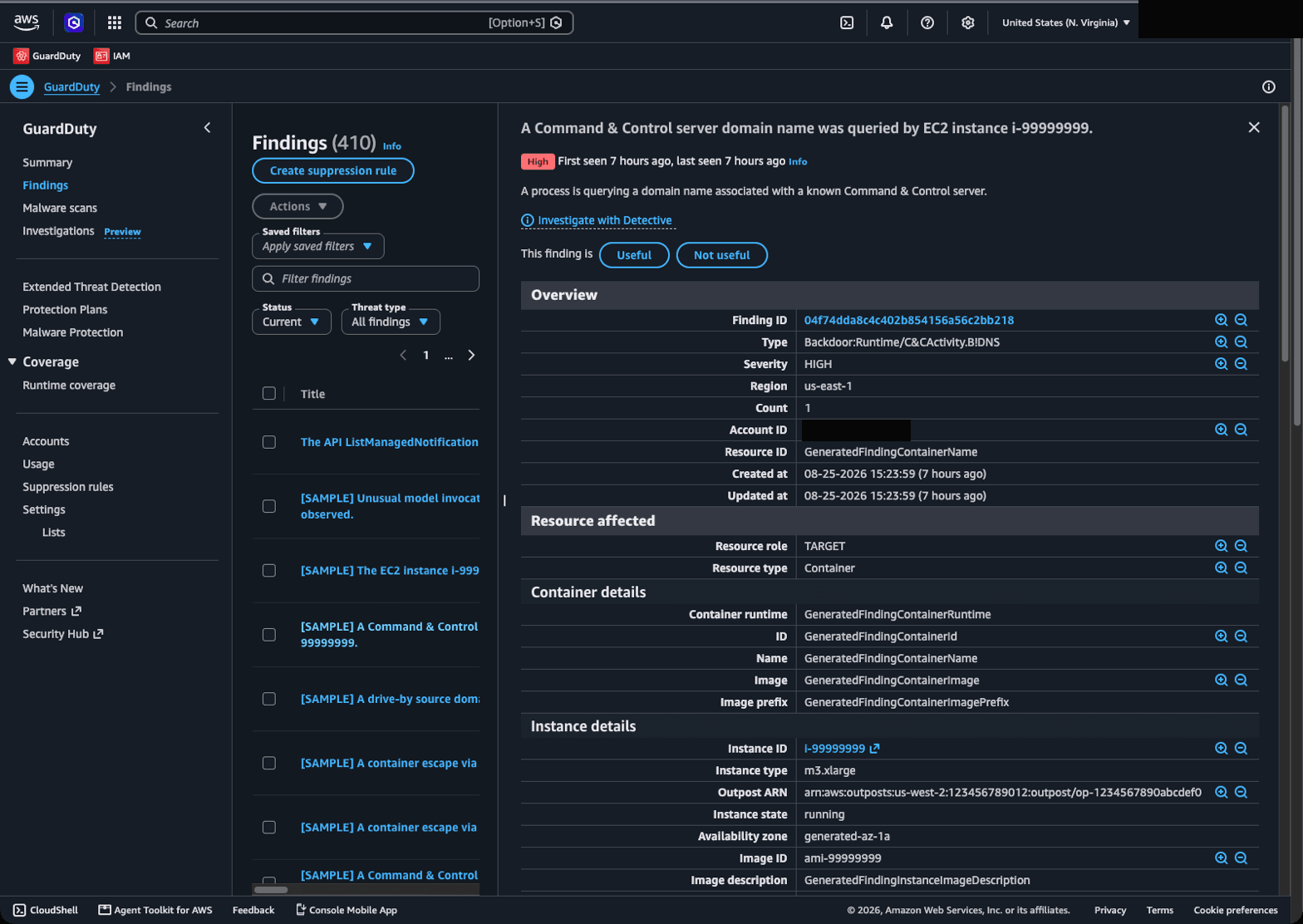 Sample GuardDuty finding: EC2 instance querying a C&C domain