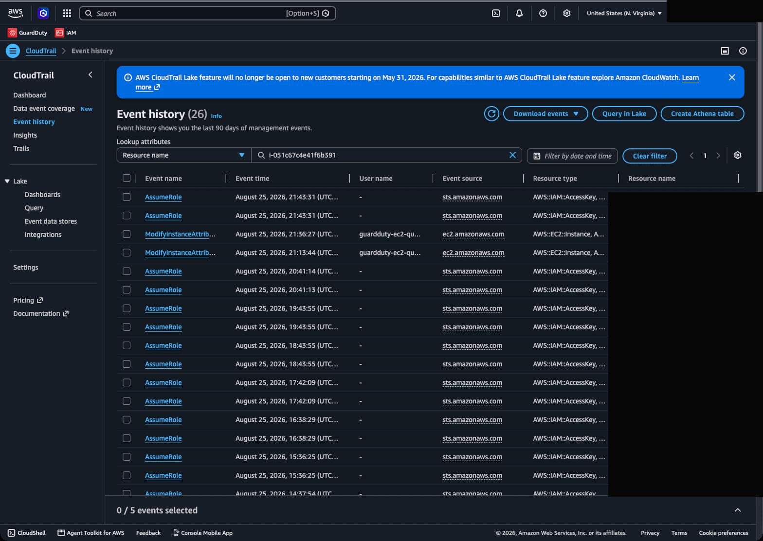 CloudTrail event history filtered to the Lab 1 instance