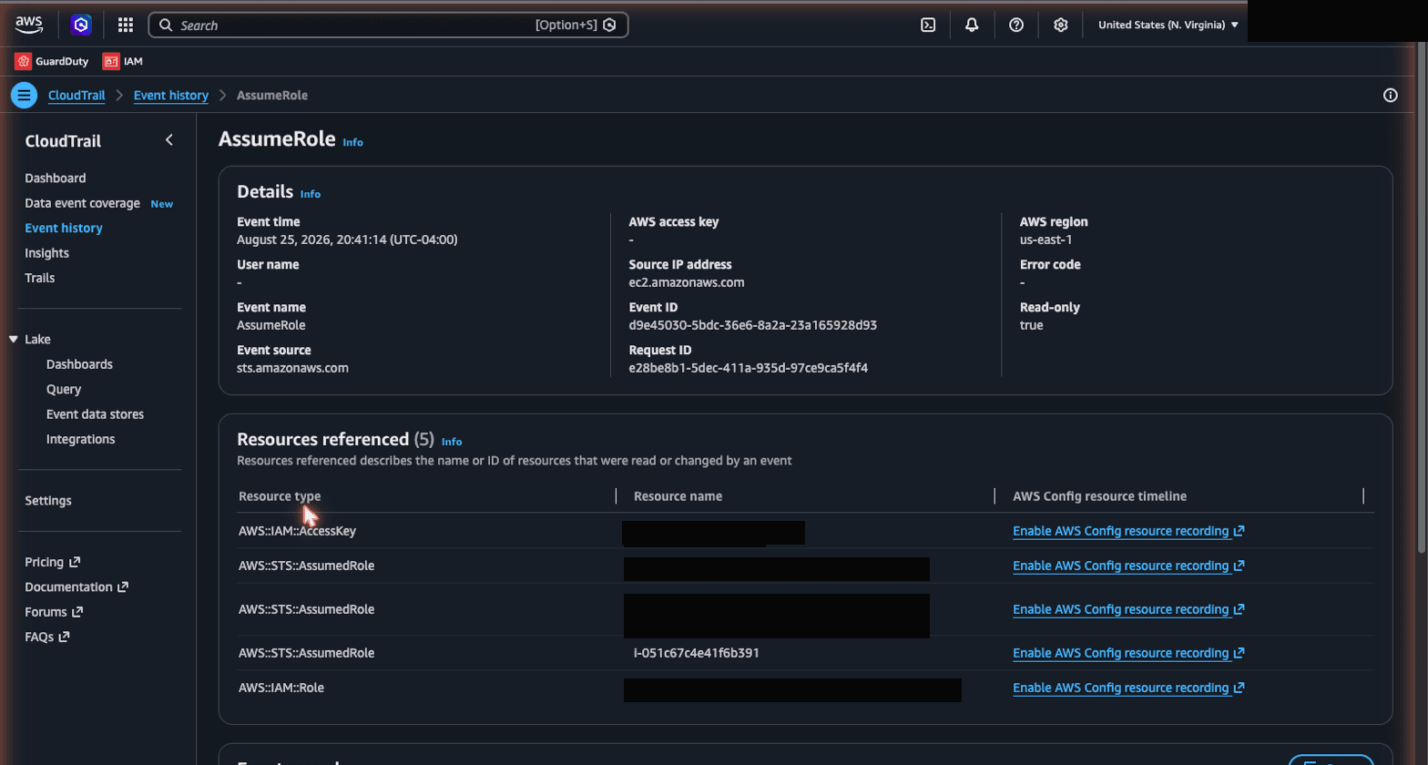AssumeRole event detail confirming AWSService origin